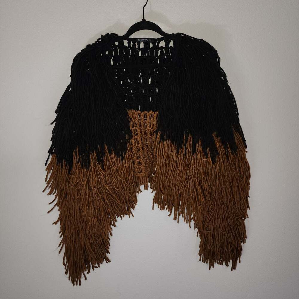 Nasty Gal Collection Bad Romance Shaggy Fringe Cardigan Black Brown Size S - Picture 3 of 9